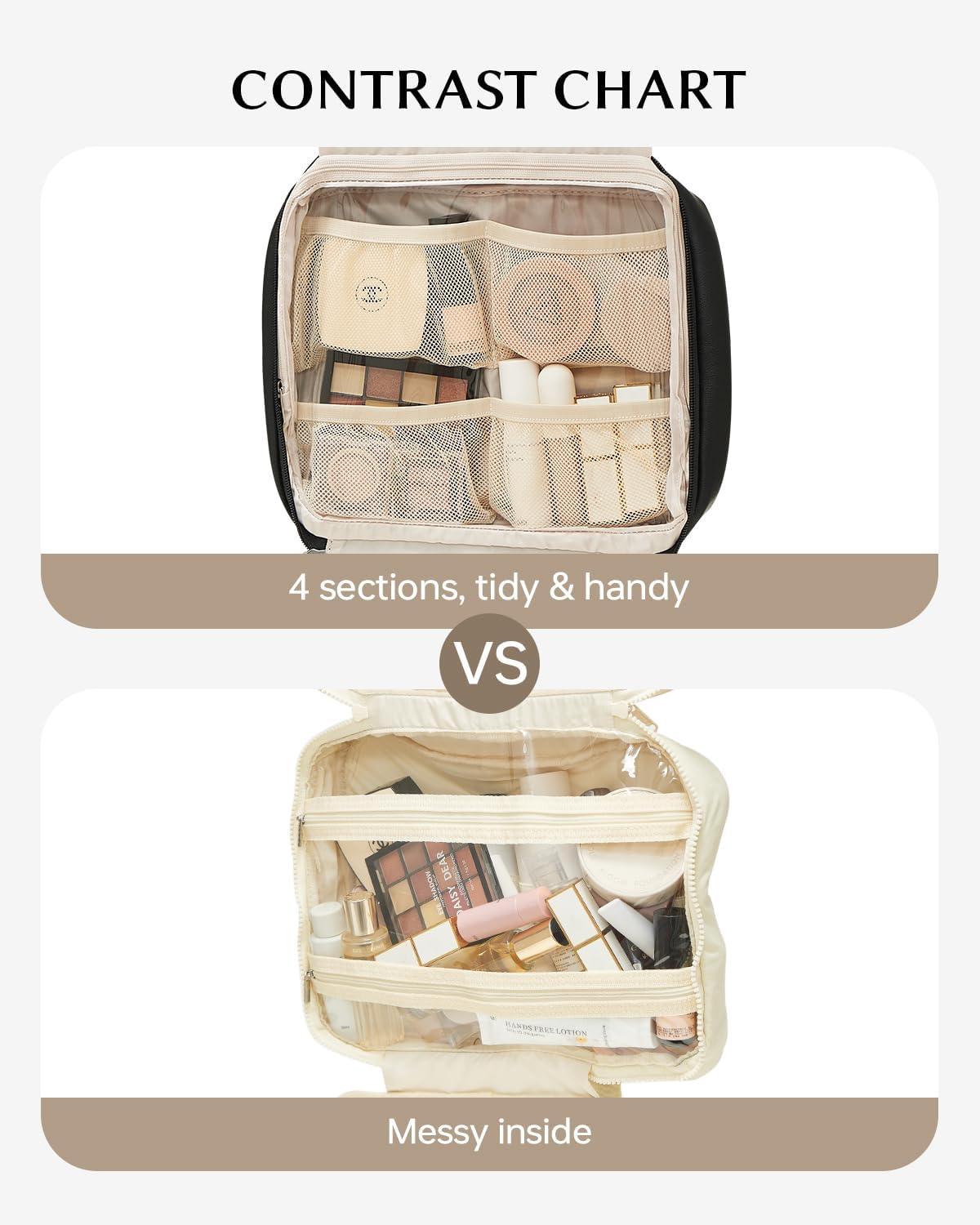 EACHY Toiletry Bag with Hanging Hook, Travel Makeup Bag PU Leather Cosmetic Bags for Women Make Up Organizer with 4 Compartments Waterproof Full-Size Portable Travel Essentials (Beige)