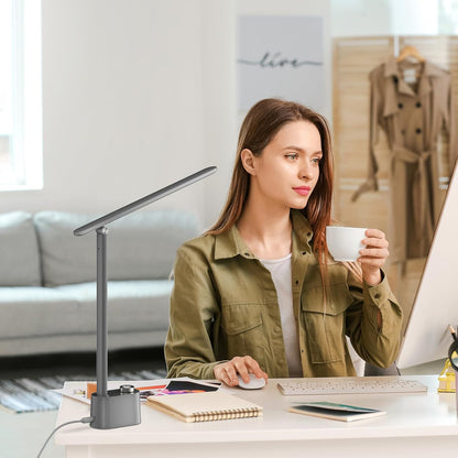 Honeywell Upgraded LED Desk Lamp - H01 Pro Sunturalux™ Foldable Desk Light with USB A+C Charging Ports, 3 Color Modes Dimmable Table Lamp for Home Office Reading(Black)