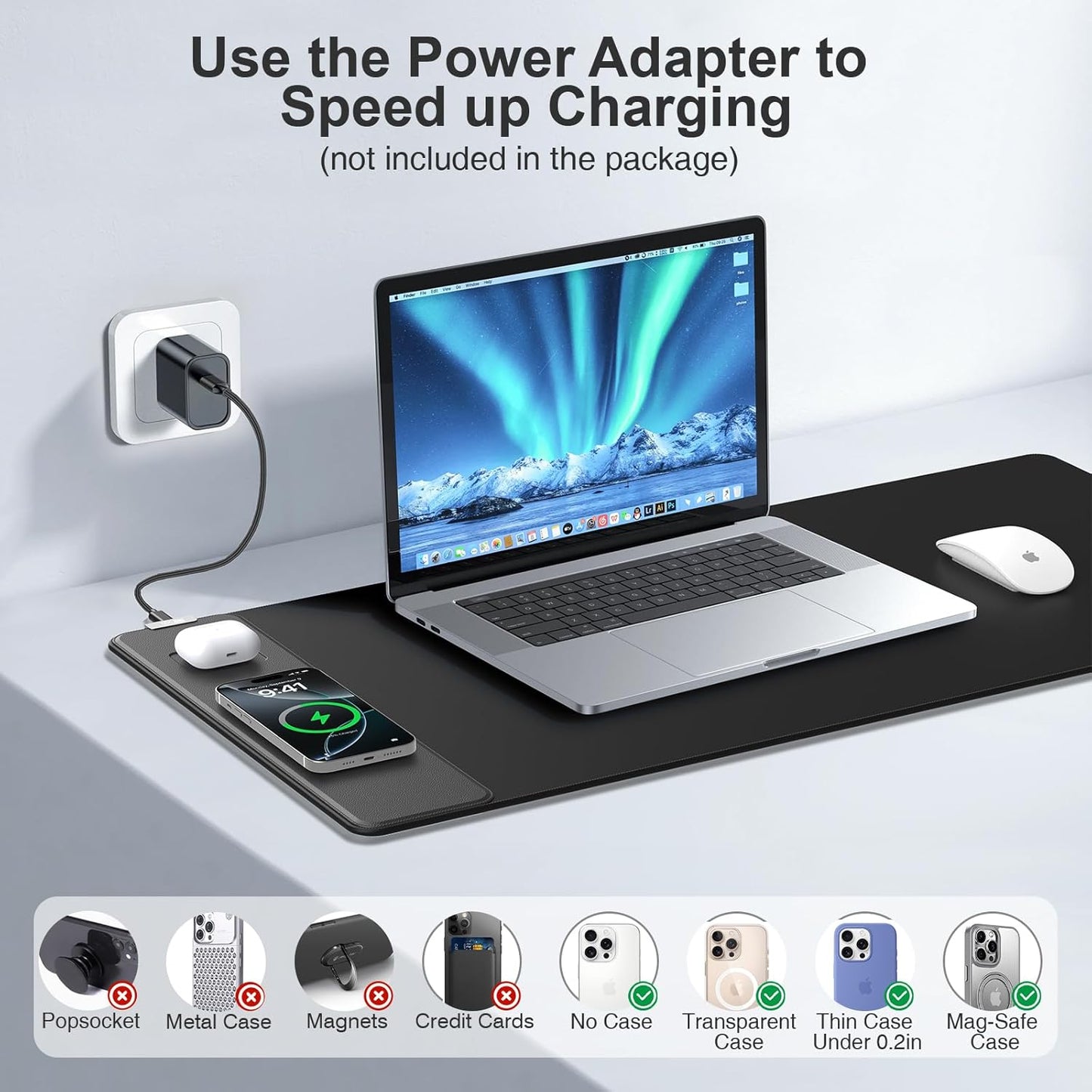 Wireless Charging Mouse Pad with Foldable Phone Holder, 31.5"x15.8" Large Desk Mat for Laptop/Keyboard, Waterproof Ultra-Smooth Surface, Non-Slip Base, Black