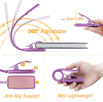 Gritin 9 LED Rechargeable Book Light for Reading in Bed - Eye Caring 3 Color Temperatures,Stepless Dimming Brightness,80 Hrs Runtime Small Lightweight Clip On Book Reading Light for Studying