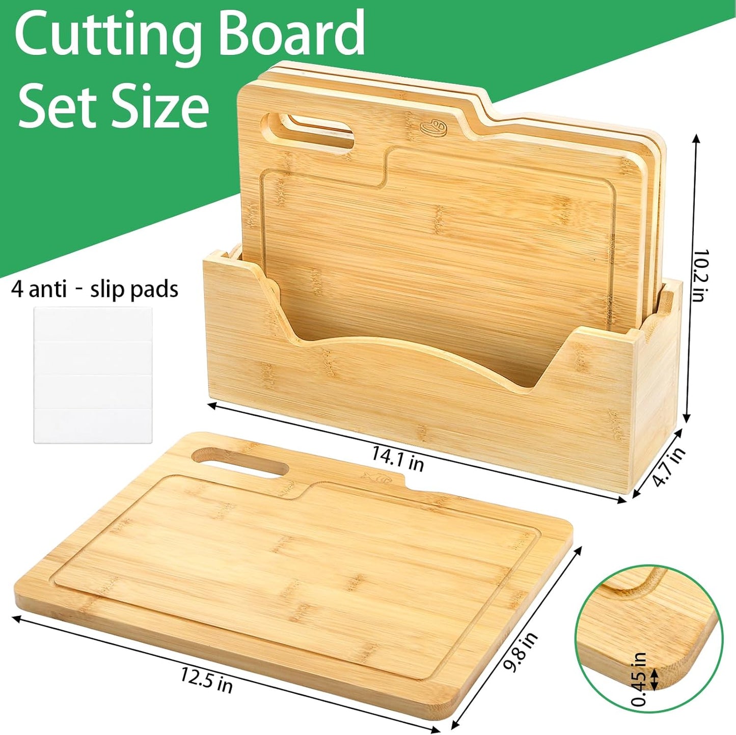 ZENFUN 4 Pack 12.5"L x 9.8"W Bamboo Cutting Boards with Holder, Wood Cutting Board Set, Chopping Boards Set with Food Icons, Kitchen Cutting Board Ideal for Meat, Fish, Bread, Vegetable, Fruit