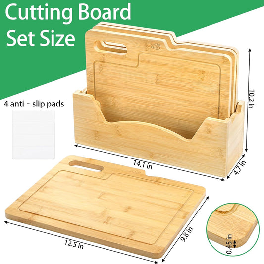 ZENFUN 4 Pack 12.5"L x 9.8"W Bamboo Cutting Boards with Holder, Wood Cutting Board Set, Chopping Boards Set with Food Icons, Kitchen Cutting Board Ideal for Meat, Fish, Bread, Vegetable, Fruit