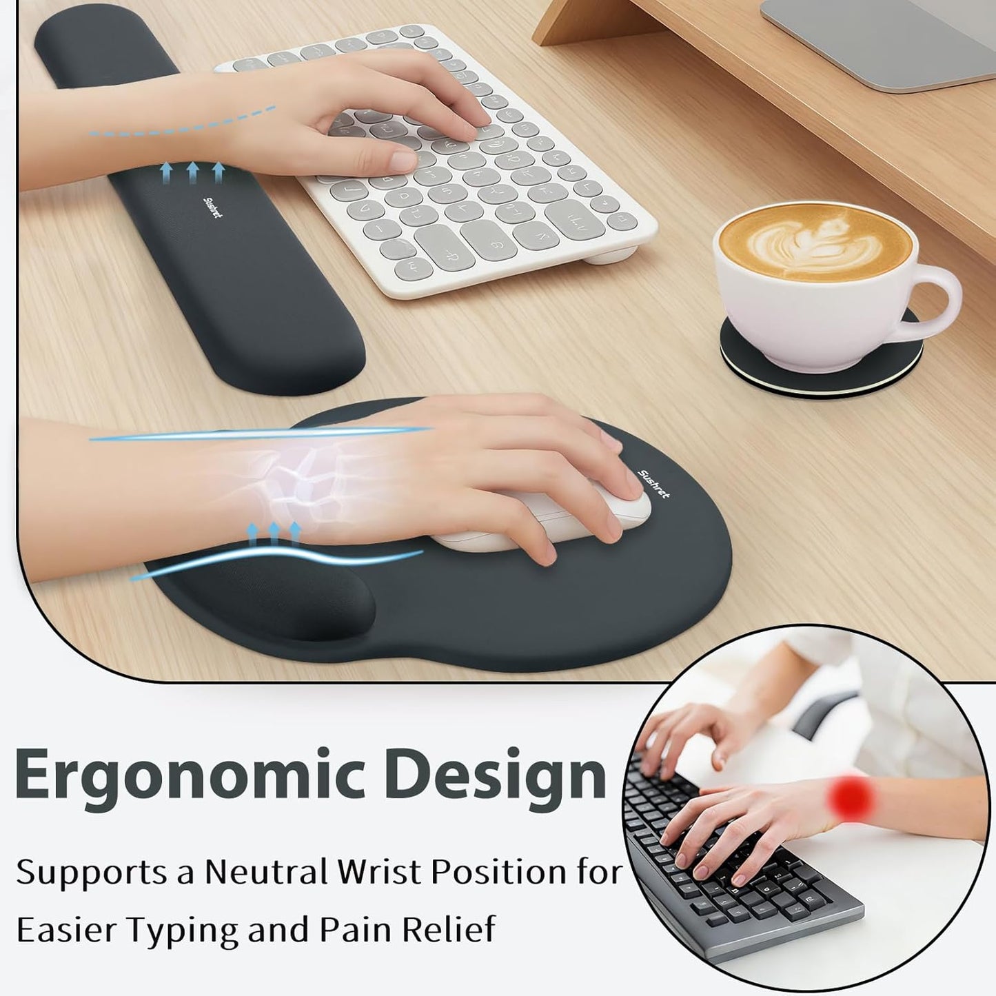 Sushret Mouse Pad and Keyboard Wrist Rest, 3-in-1 Gel Memory Foam Ergonomic Mouse Pad with Wrist Rest Set,Gaming Mousepad Arm Cushion Support for Computer Office Desk Accessories Cute Setup,Sage Green