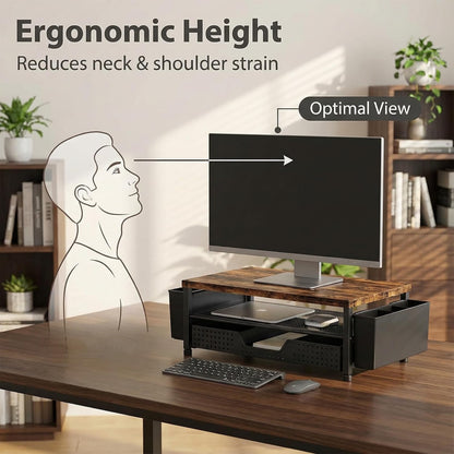 LEKETREE Wood Desk Organizer, 2-Tier Computer Monitor Stand Riser with Storage Drawer and 2 Pen Holders, Laptop & Printer Stand, Shelf for Top of Desk (Rustic Brown)