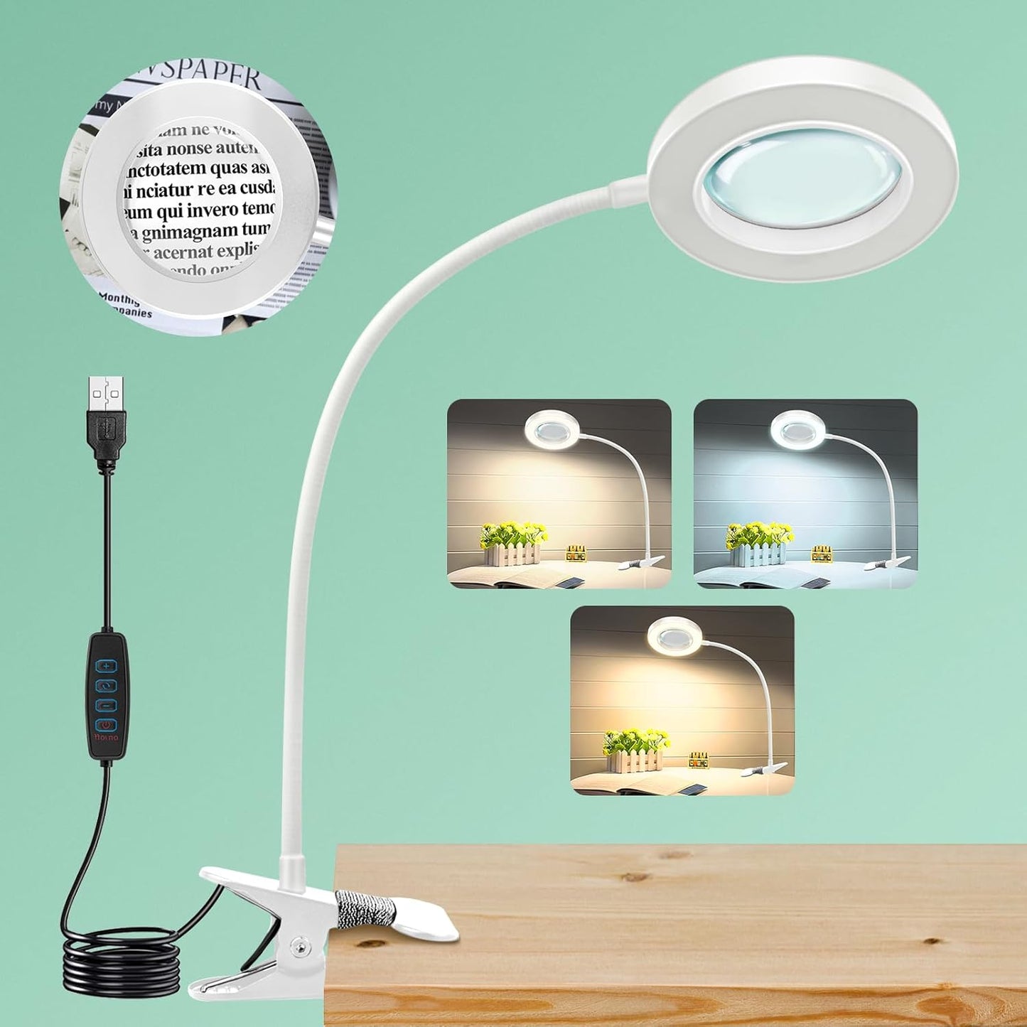 10X Magnifying Glass with Light, Clip on Mganifier with Light, 48 LED Desk Magnifying Glass wtih Clamp, 3 Modes Dimmable Magnifying LED Lamps for Bed Work Crafts DIY Repair