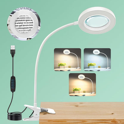 10X Magnifying Glass with Light, Clip on Mganifier with Light, 48 LED Desk Magnifying Glass wtih Clamp, 3 Modes Dimmable Magnifying LED Lamps for Bed Work Crafts DIY Repair