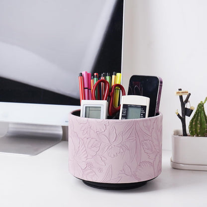 Round Leather Art Supply Organizer,Remote Control Holder,360 Degree Rotating,Multi-Functional Pencil Holder,4 Compartments Desktop Stationary Organizer(1-Fractal Flower) | Round - Colors B
