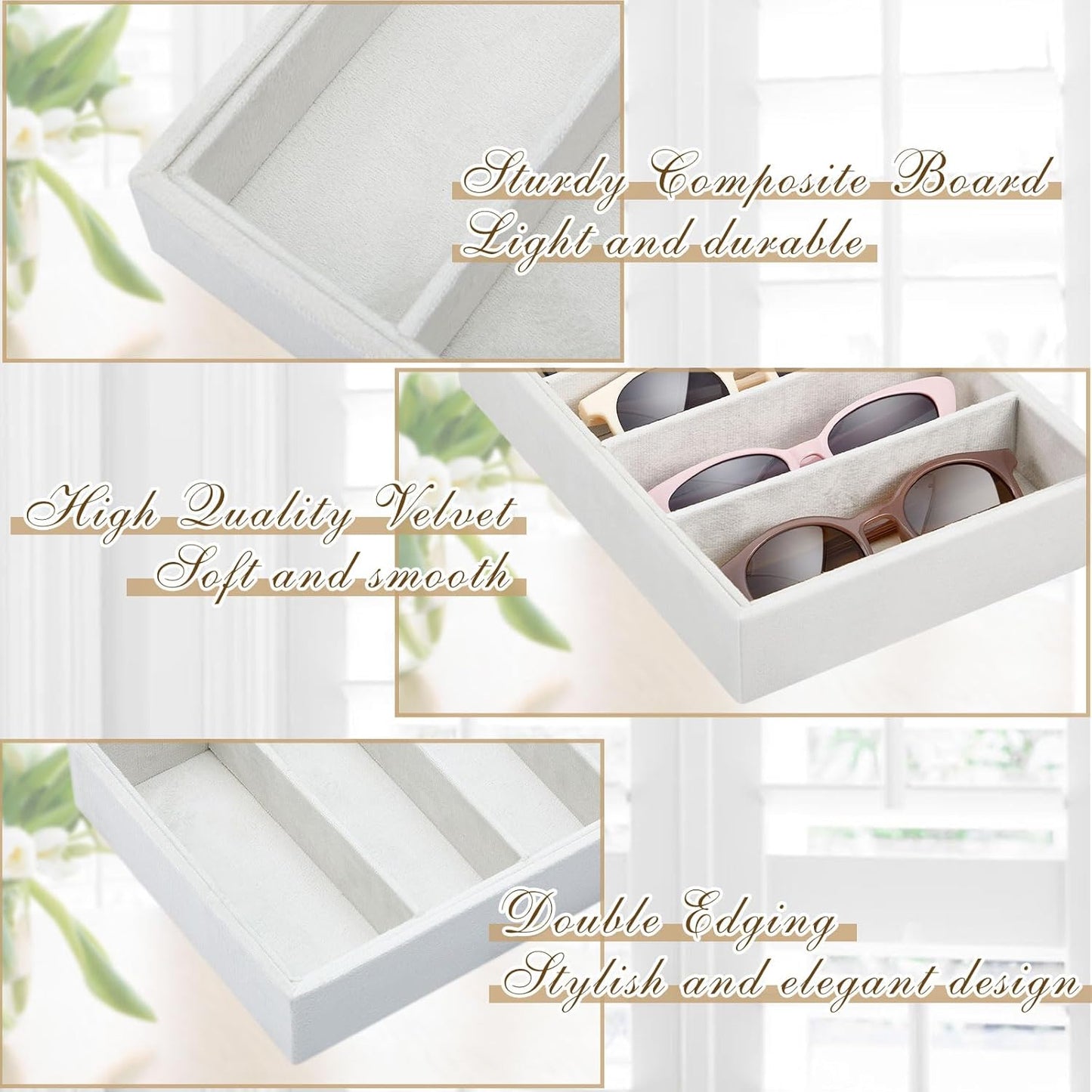 Amylove 4 Pcs Gray Sunglass Organizer Trays 4 Grids Velvet Glasses Holder Jewelry Display Organizer Eyeglasses Storage Box Drawer