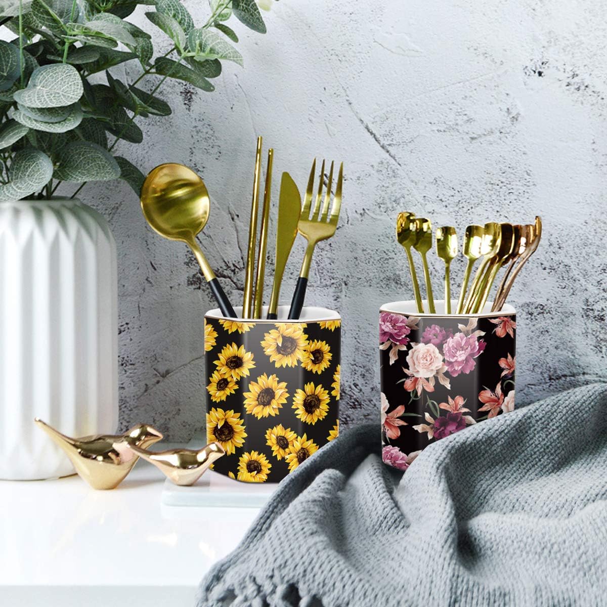 Pen Holder, Pencil Holder for Desk, Marble Desk Organizer Cute, Durable Ceramic Pencil Cup, Decorative Makeup Brush Holder Cup, Stationery Holder for Office, Home, Gray Marble