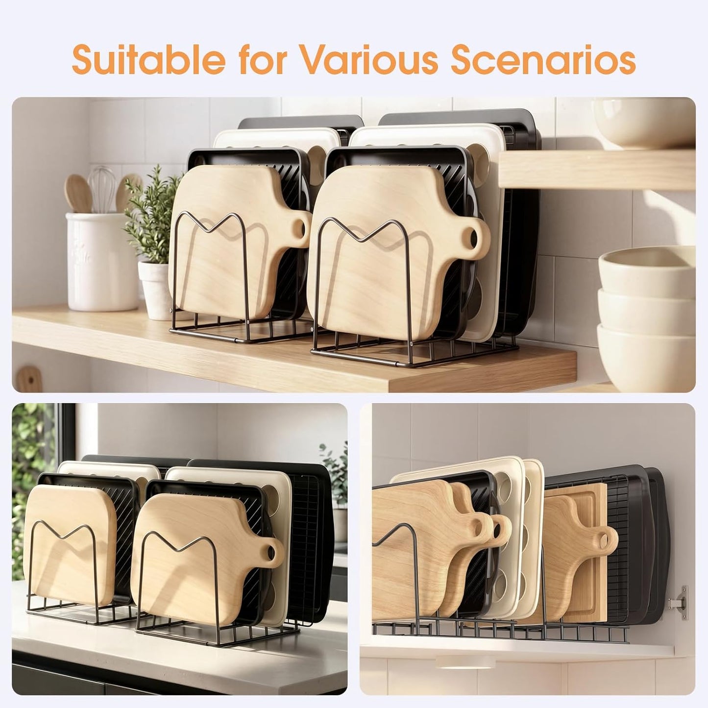 ORDORA Cutting Board Holder Stand Rack Organizer for Cabinet, 5mm Wire Storage Rack for Countertop, Baking Cookie Sheet Pan Organizer inside Cabinet, Chopping Board Holder for Pots, Lids and Skillets