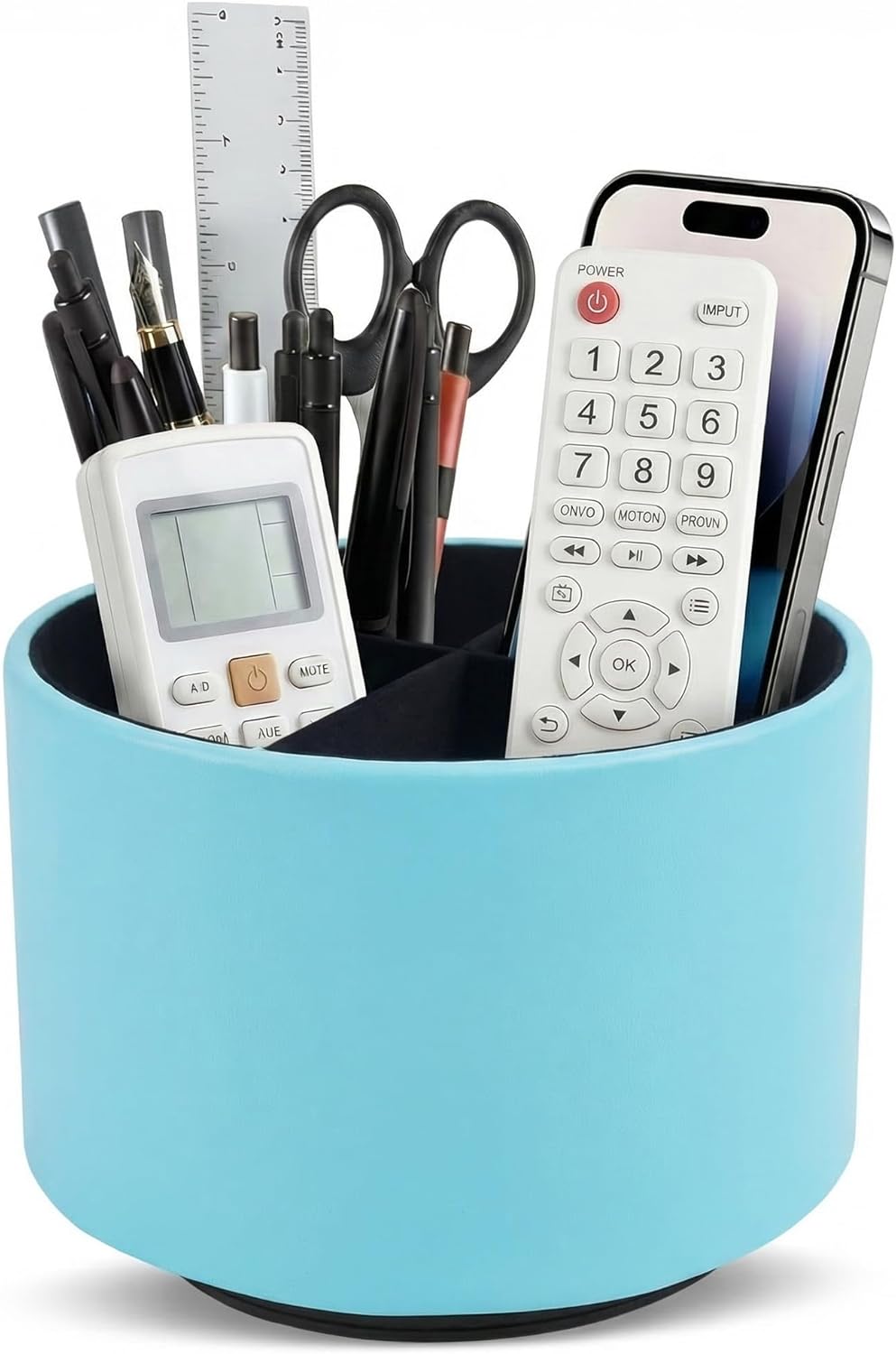 Round Leather Art Supply Organizer,Remote Control Holder,360 Degree Rotating,Multi-Functional Pencil Holder,4 Compartments Desktop Stationary Organizer(1-Fractal Flower) | Round - Colors A