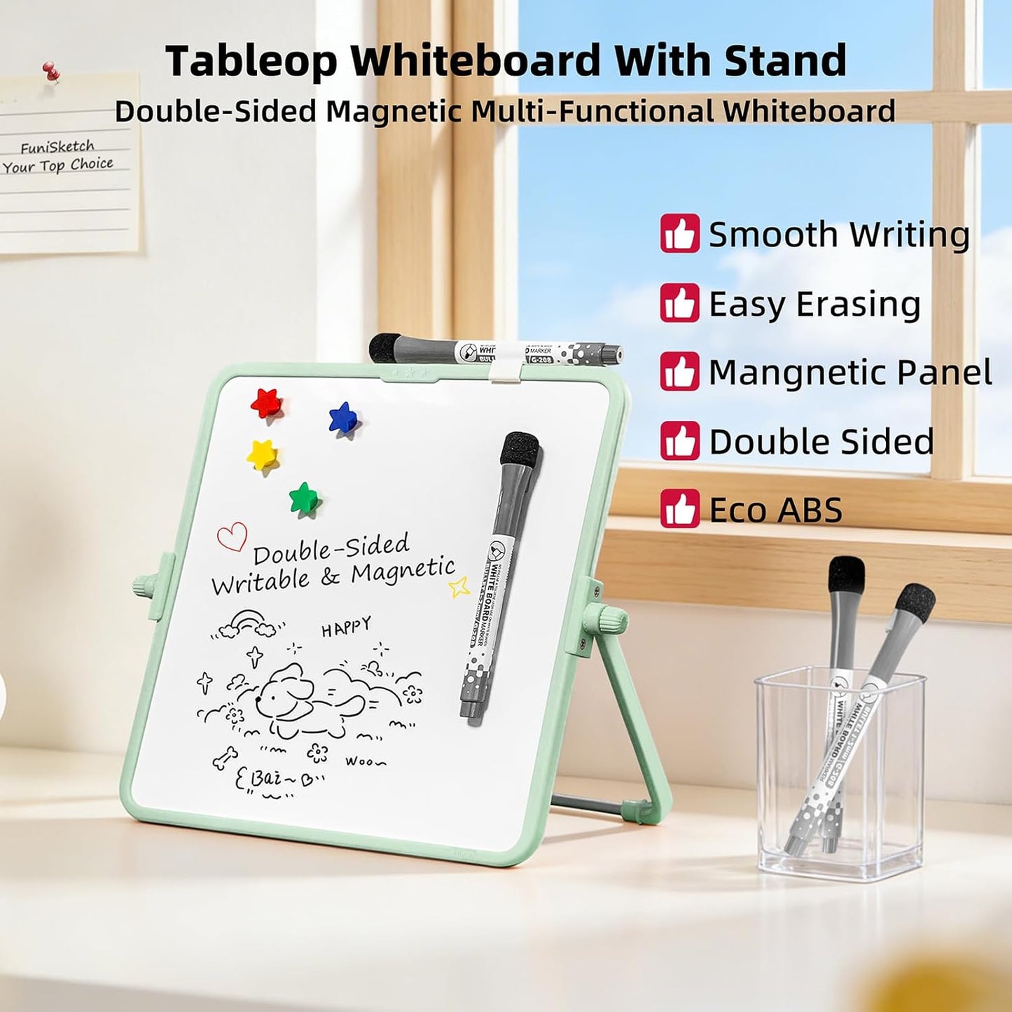 Colorful Dry Erase White Board 8.3x11in, Magnetic Desktop Board with Stand, 2 Markers (Eraser Head), 4 Magnets - Double-Sided Easel for Daily Planning, Memo, Office/Home/School (Blue)