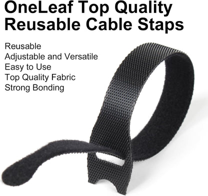 OneLeaf 80PCS Reusable Cable Ties, Black Adjustable 6-Inch Cord Organizer Ties, Multi-purpose Hook Loop Cable Management Wire Ties for Organizing Home, Office, Data Centers