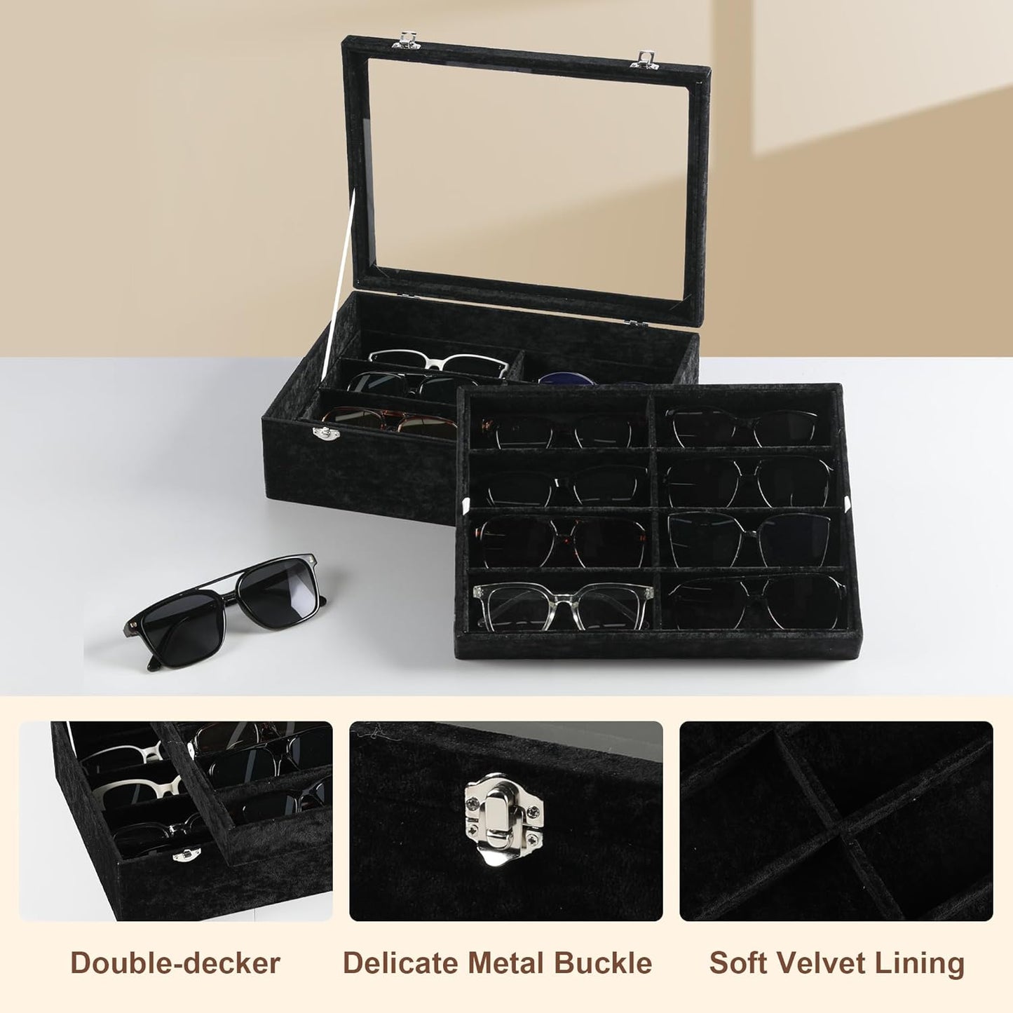 Frebeauty 16 Slots Sunglasses Organizer,2 Layer Velvet Sunglasses Tray with Glass Lid,Multiple Pairs Sunglass Display Case for Man or Woman,13.7 * 10.25 * 4.1 Inches Eyeglass/Eyewear Box (Beige)
