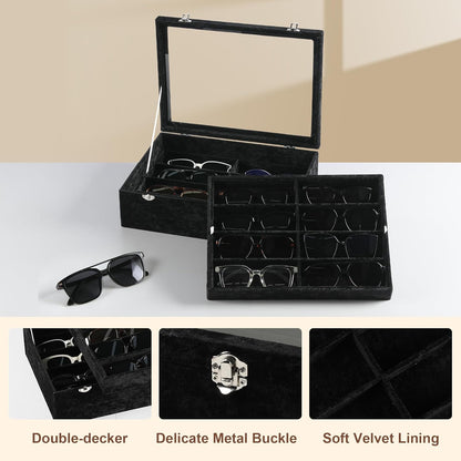 Frebeauty 16 Slots Sunglasses Organizer,2 Layer Velvet Sunglasses Tray with Glass Lid,Multiple Pairs Sunglass Display Case for Man or Woman,13.7 * 10.25 * 4.1 Inches Eyeglass/Eyewear Box (Beige)