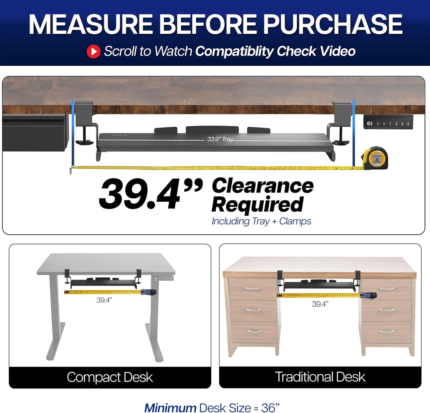 VIVO Large Keyboard Tray Under Desk Pull Out with Extra Sturdy C Clamp Mount System, 27 (33 Including Clamps) x 11 Inch Slide-Out Platform Computer Drawer for Typing, Black, MOUNT-KB05E