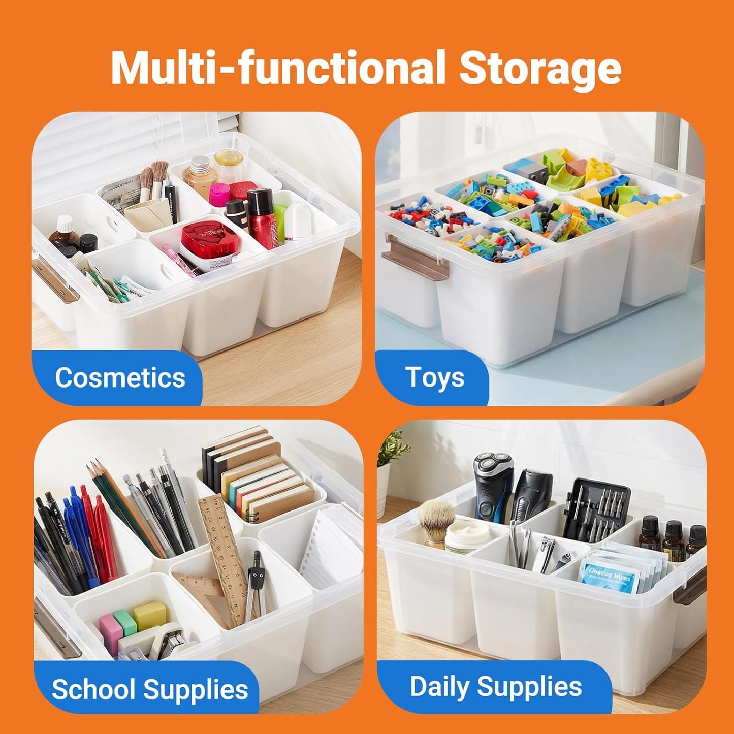 MACOPRO 17QT Craft Storage Box with 2 Removable Caddy Trays, Clear Stackable Plastic Organizer with Lid for Art Supplies, Beads, Sewing Tools, Pens & Kids Toys (White, 1Pack-2-in-1)