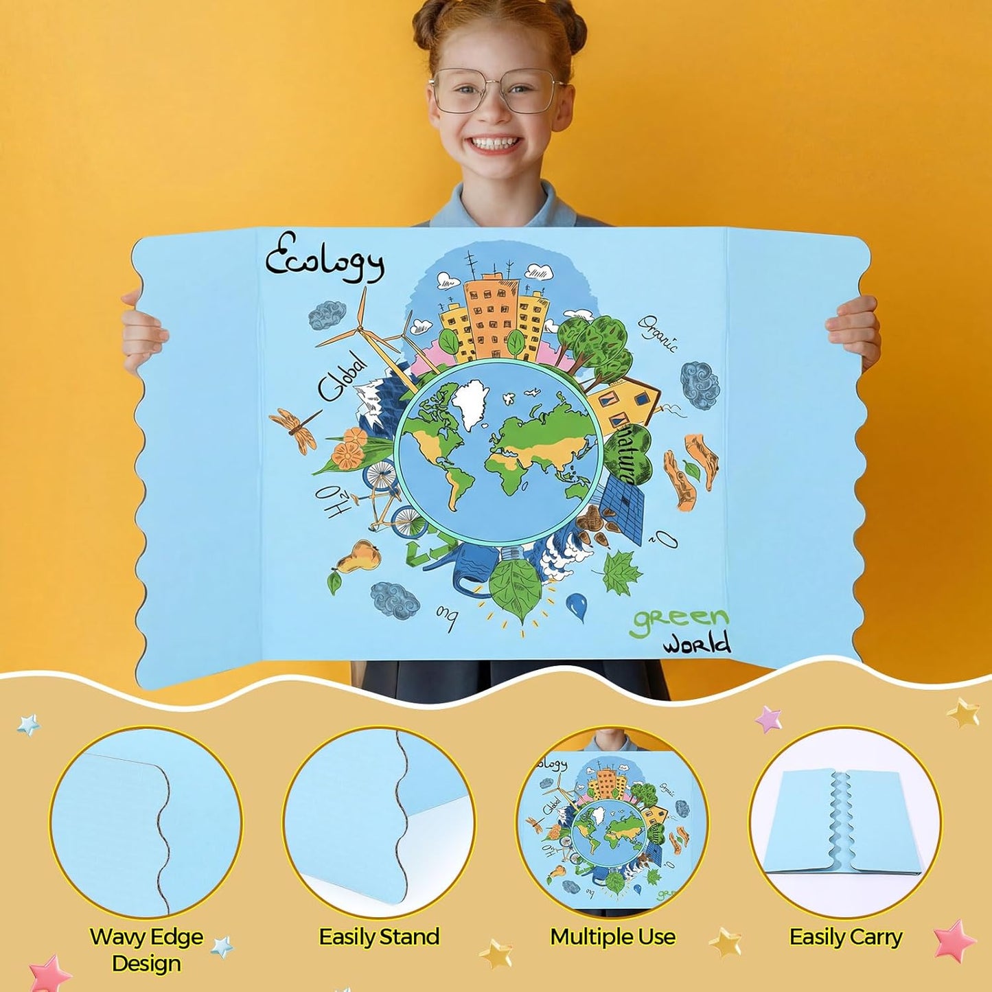 Mooliwe 4 Pack 24" X 16" Trifold Poster Board, Medium Tri Fold Boards Foldable Corrugated Presentation Display Scalloped Borders for Science Fair Events, School Projects, Exhibitions (Macaron)