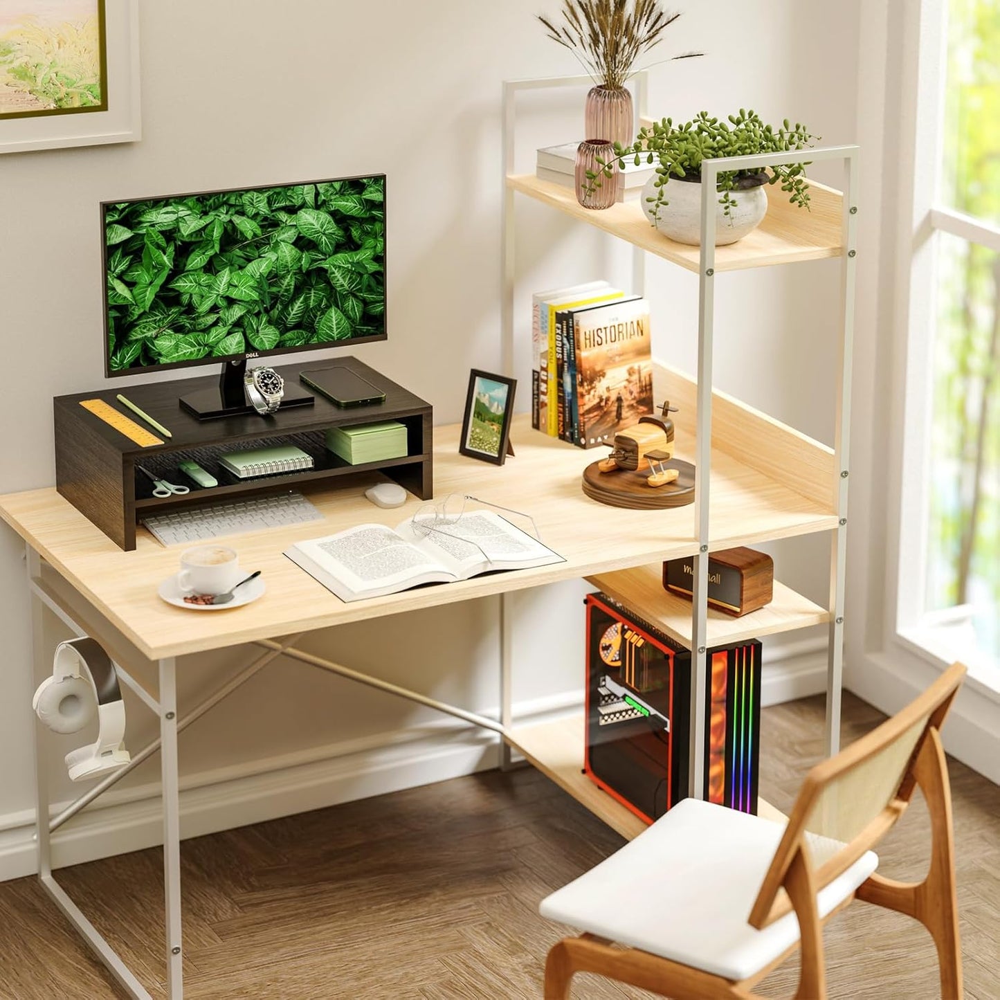 Simple Trending Wood Monitor Stand Riser with Drawer and Pen Holder, Desk Organizer for Home Office, Black
