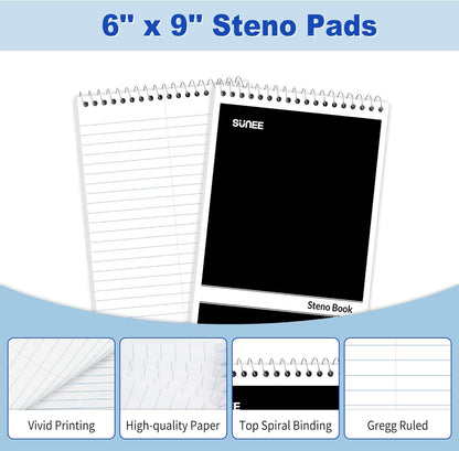 SUNEE 5 Pack Steno Pads 6x9, Gregg Rule, 60 Sheets, Spiral Notebook 6x9, White Paper, Take Notes with Top Spiral Notebook, for School, University, College, Work, Office, Black