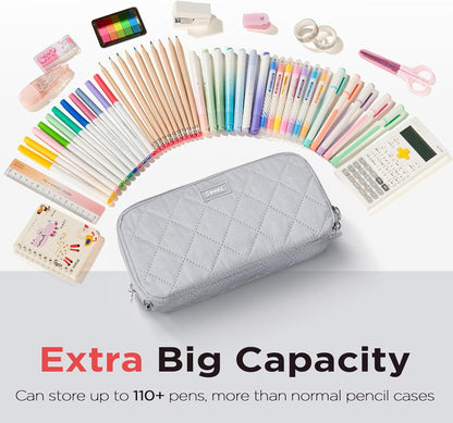 Sooez Large Pencil Case Pouch, Extra Big Pencil Bag with 8 Compartments, Pen Bag Wide Opening, Soft Quilted Pencil Pouch Organizer with Zipper, Portable Pencil Case for Teen Girls, Pink