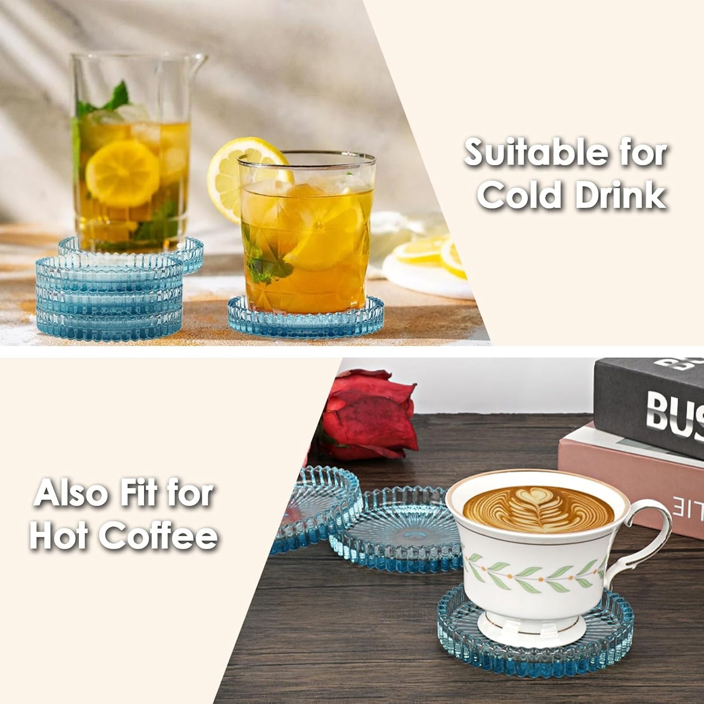 Modern Clear Coasters Set of 5- Glass Cute Coasters for Drinks Crystal Coaster Round Chic Cup Mat Cute Coffee Table Coaster for Kitchen, Bar, Dining Room, Living Room, Patio(Amber)