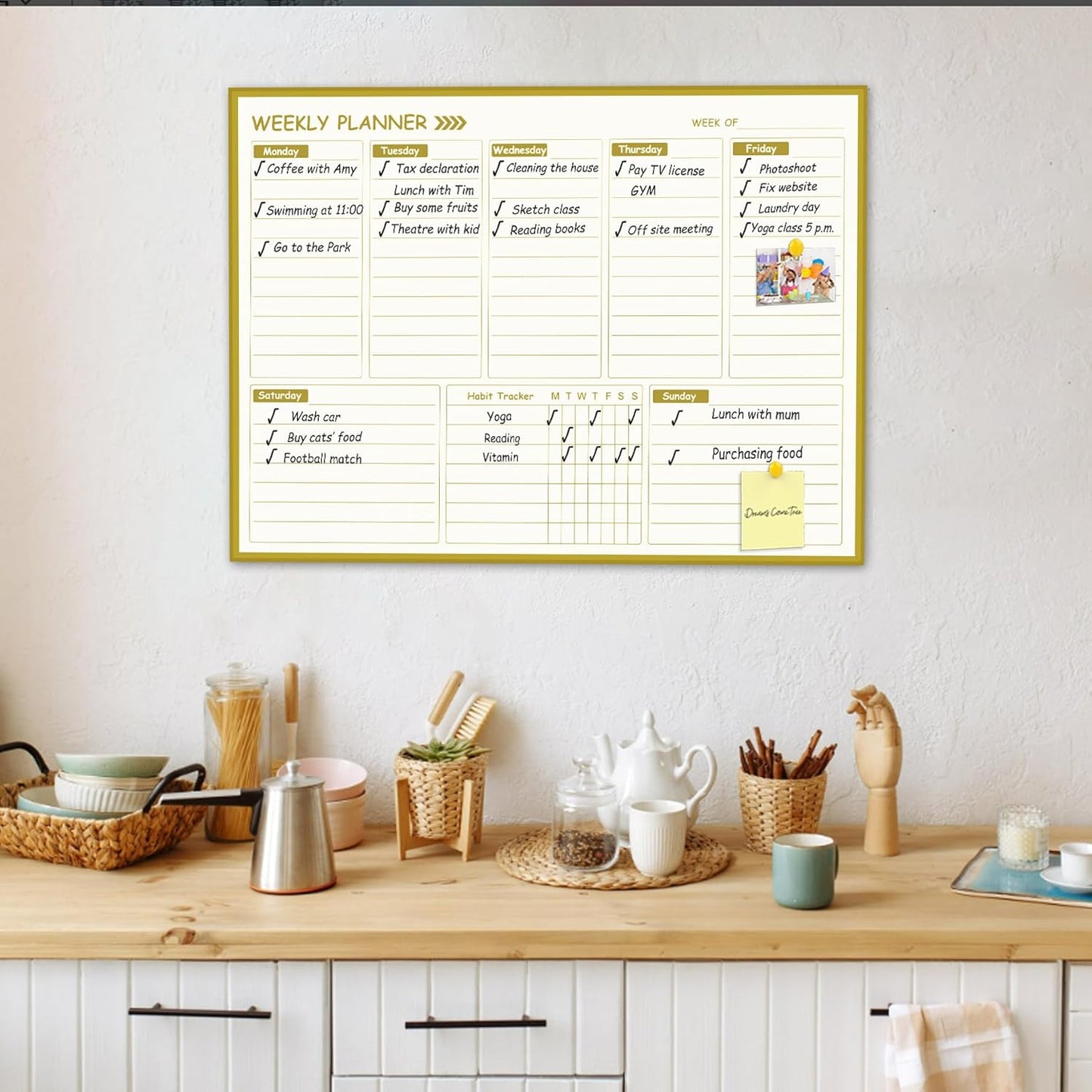 Gold Weekly Dry Erase Board for Wall,12"x16",Small Magnetic Dry Erase Weekly Calendar Board,Gold Metal Frame Weekly Planner Whiteboard for to Do List, Memo, School, Home, Office, Kitchen-GZ