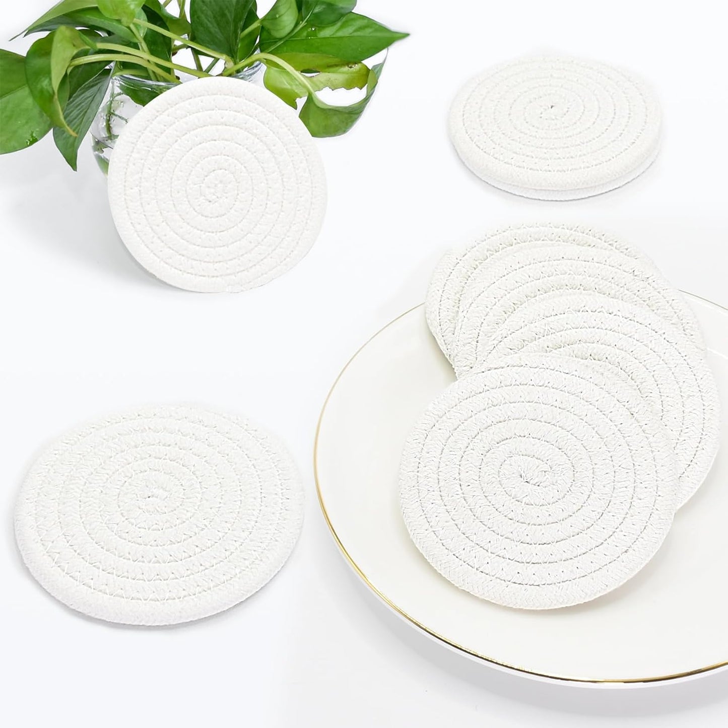 ABenkle 8 Pcs Drink Coasters with Holder, Cotton Woven Absorbent Coasters for Drinks, Minimalist Home Decor Coaster Set for Wooden Tabletop Protection Table, 4.3 inches Mixed Brown