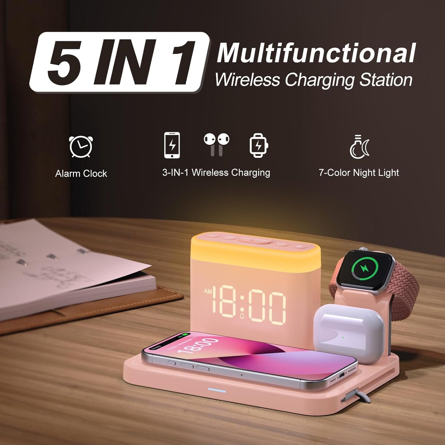 ANJANK Wireless Charging Station,5 in 1 Multiple Charger Stand with Alarm Clock,7 Night Light,Magnetic Charging Dock for iPhone 17 16 15 14 13 12 Pro Max Plus,Apple Watch 11/10/9/8,for Airpods,Bedroom