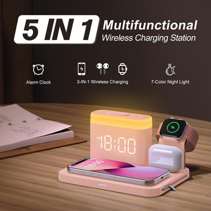ANJANK Wireless Charging Station,5 in 1 Multiple Charger Stand with Alarm Clock,7 Night Light,Magnetic Charging Dock for iPhone 17 16 15 14 13 12 Pro Max Plus,Apple Watch 11/10/9/8,for Airpods,Bedroom
