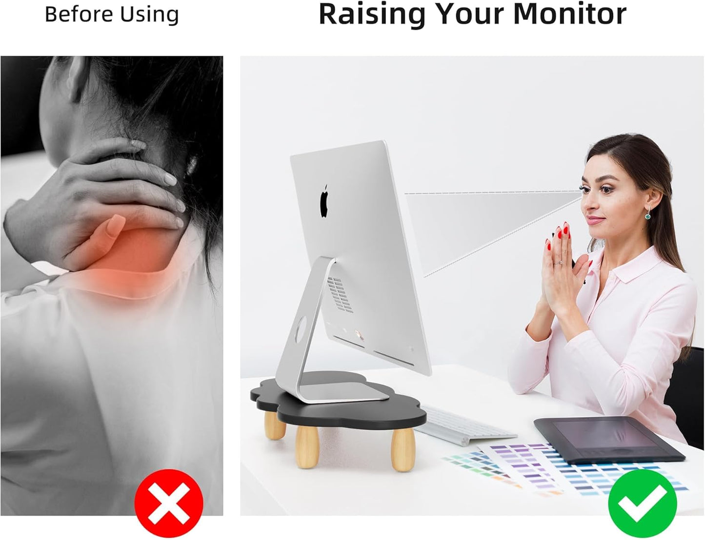 AFOOYO Monitor Stand Riser,Cloud-Shaped Sturdy Wood 16.5In Computer Monitor Riser Wirh Drawer, Multi-Purpose Desktop Organizer Riser for Computer,Laptop,Printer,TV,White