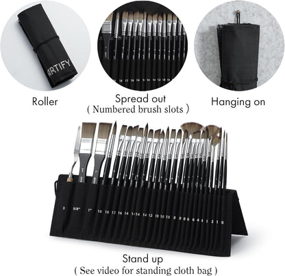 ARTIFY 25 Pieces Professional Paint Brush Set – Expert Series Synthetic Nylon Brushes for Acrylic, Oil, Watercolor, Gouache – No Shedding, Canvas Roll Case & Palette Knife, Artist Gifts Art Supplies