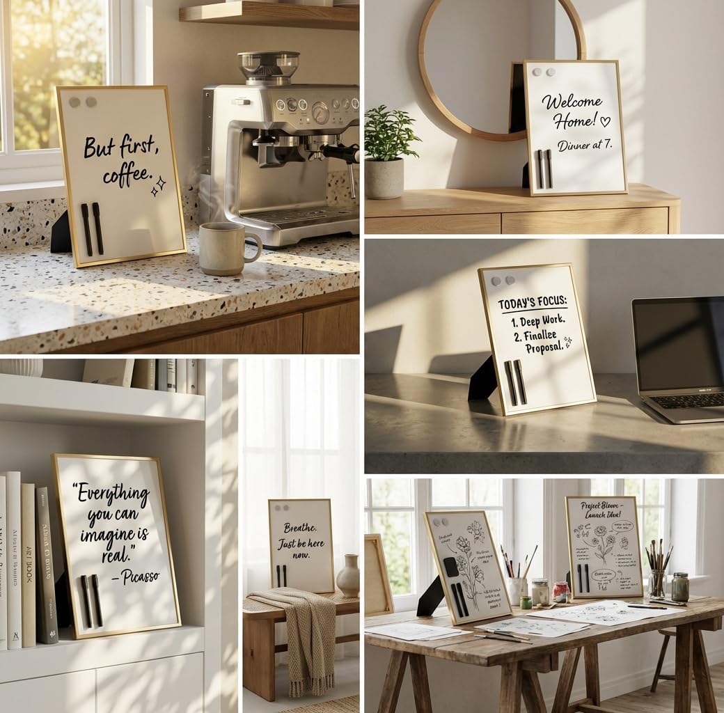 Magnetic Dry Erase Board 12x16 with Foldable Stand, Portable Gold Desktop Whiteboard for Home, Office, School & Kitchen, Includes Weekly & Monthly Magnetic Planner Sheets