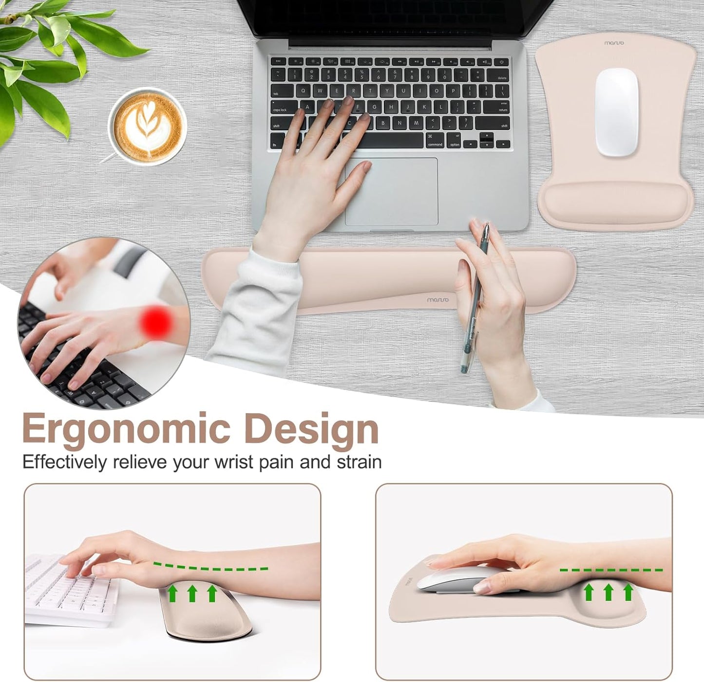 MOSISO Wrist Rest Support for Mouse Pad & Keyboard Set, Ergonomic Mousepad Non-Slip Base Home/Office Pain Relief & Easy Typing Cushion with Neoprene Cloth & Raised Memory Foam, Black