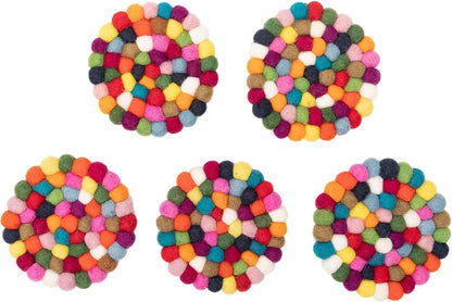 Round Felt Ball Coasters - 100% Merino Wool Table Coasters - Felt Coaster Pads, Absorbent Trivet for Drinks - Heat Resistant, Thick & Durable Hand Felted - Woolygon - Multicolor Set of 5 (Rainbow)