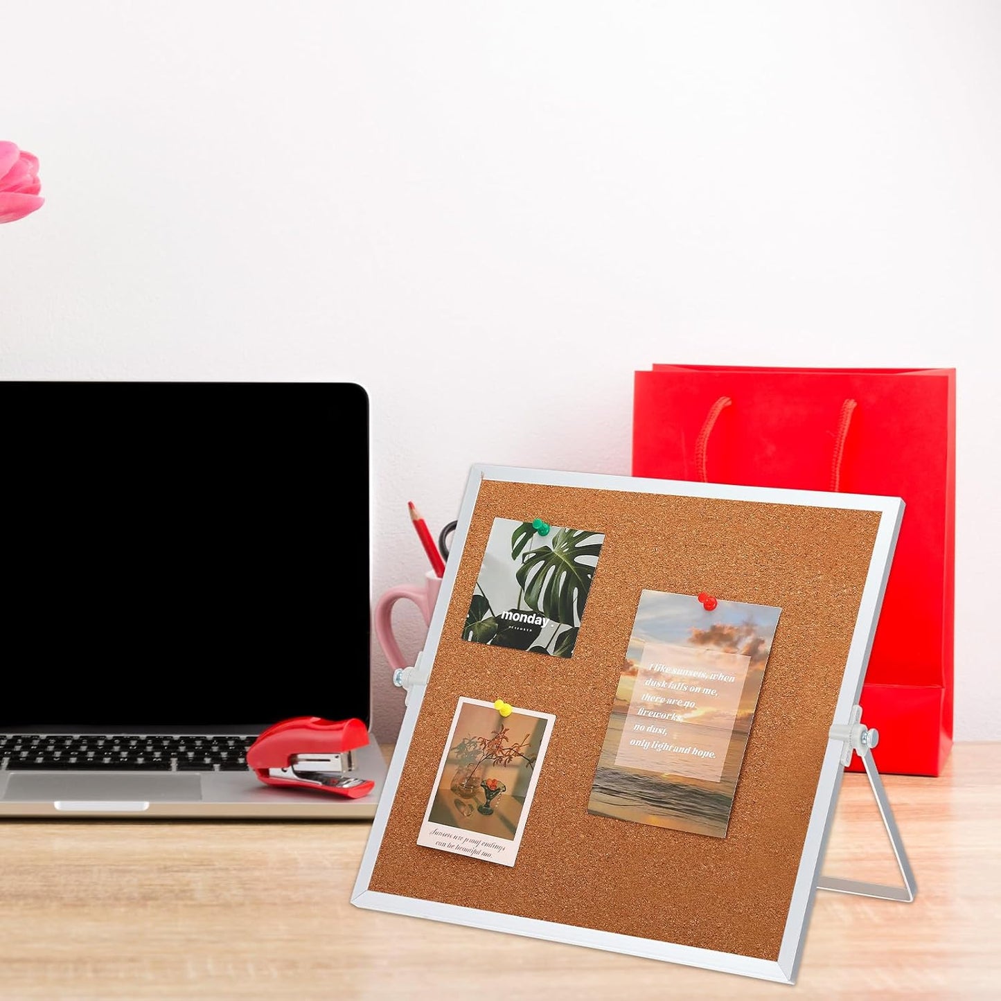 2 Pack Cork Bulletin Board, Double Sided Pin Boards with Silver Aluminum, Desktop Small Cork Boards with Stand Suitable for Home, Office, Desk Message Picture Board 11.8"×11.8"