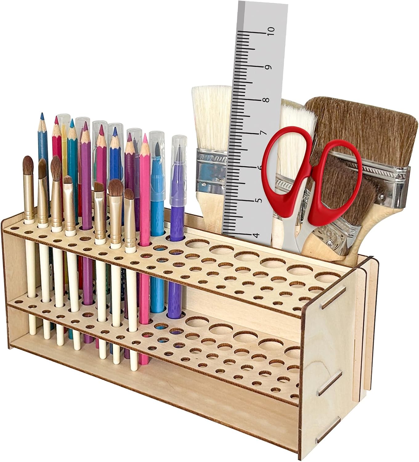 Wooden Paint Brush Holder with Glue 67 Hole and Large Tool Compartment Paint Brush Organizer Desk Paintbrush Holder Stand Wood Paintbrush Rack