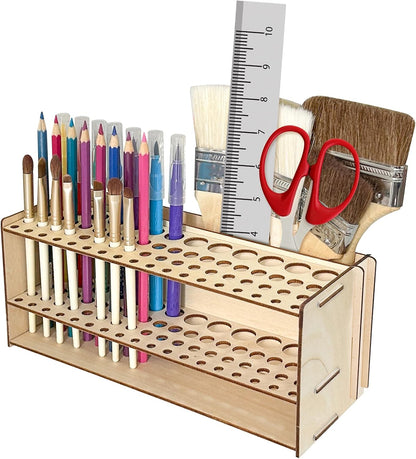 Wooden Paint Brush Holder with Glue 67 Hole and Large Tool Compartment Paint Brush Organizer Desk Paintbrush Holder Stand Wood Paintbrush Rack