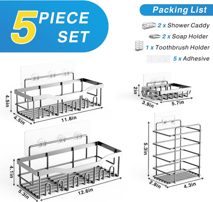 EUDELE Adhesive Shower Caddy, 5 Pack Rustproof Stainless Steel Bath Organizers With Large Capacity, No Drilling Shelves for Bathroom Storage & Home Decor