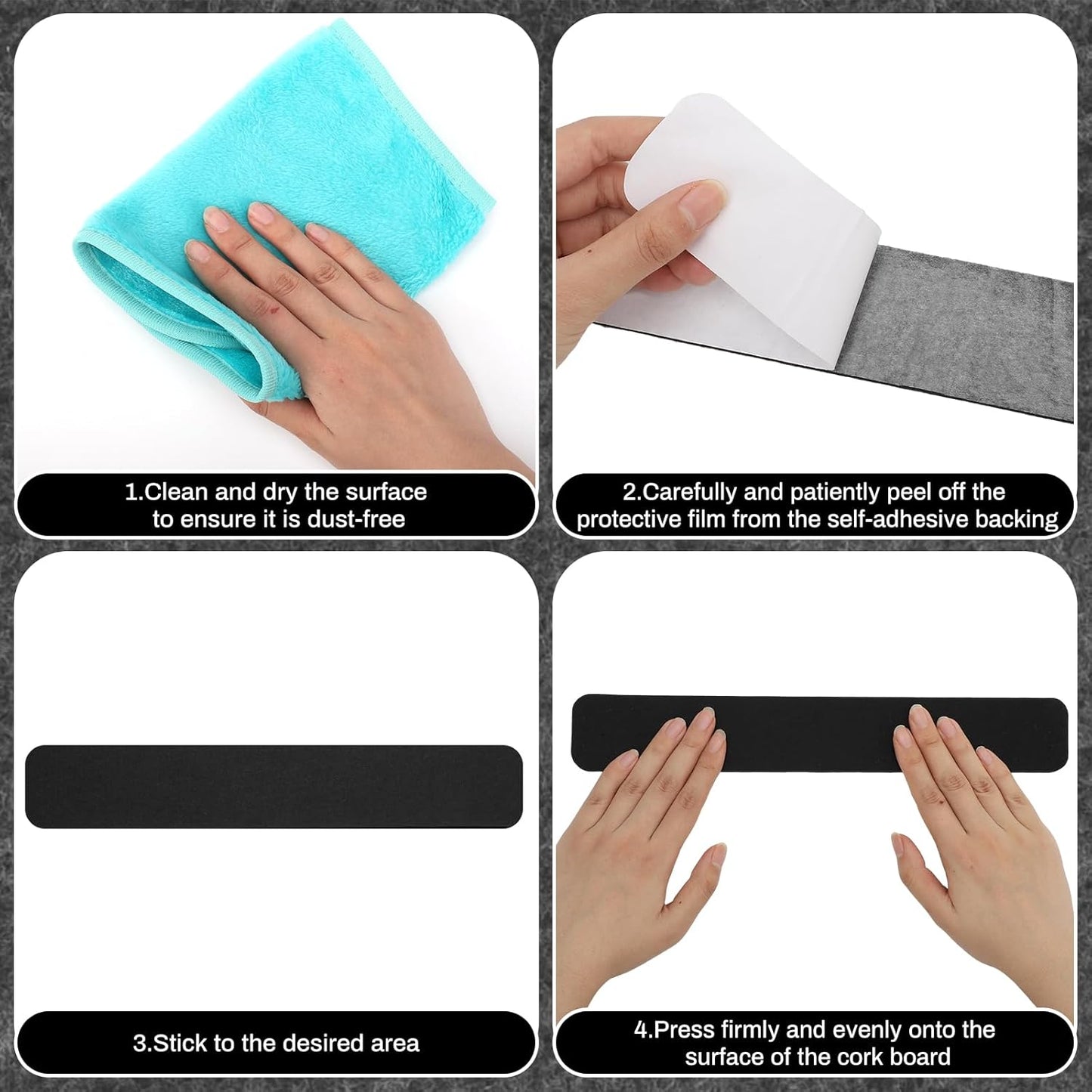 Thboxes 5 Pack Felt Bulletin Board Strips, 13x2 Inch Self Adhesive Felt Pin Boards with 30 Pushpins, Cork Board for Walls Home Office Decor(Black)