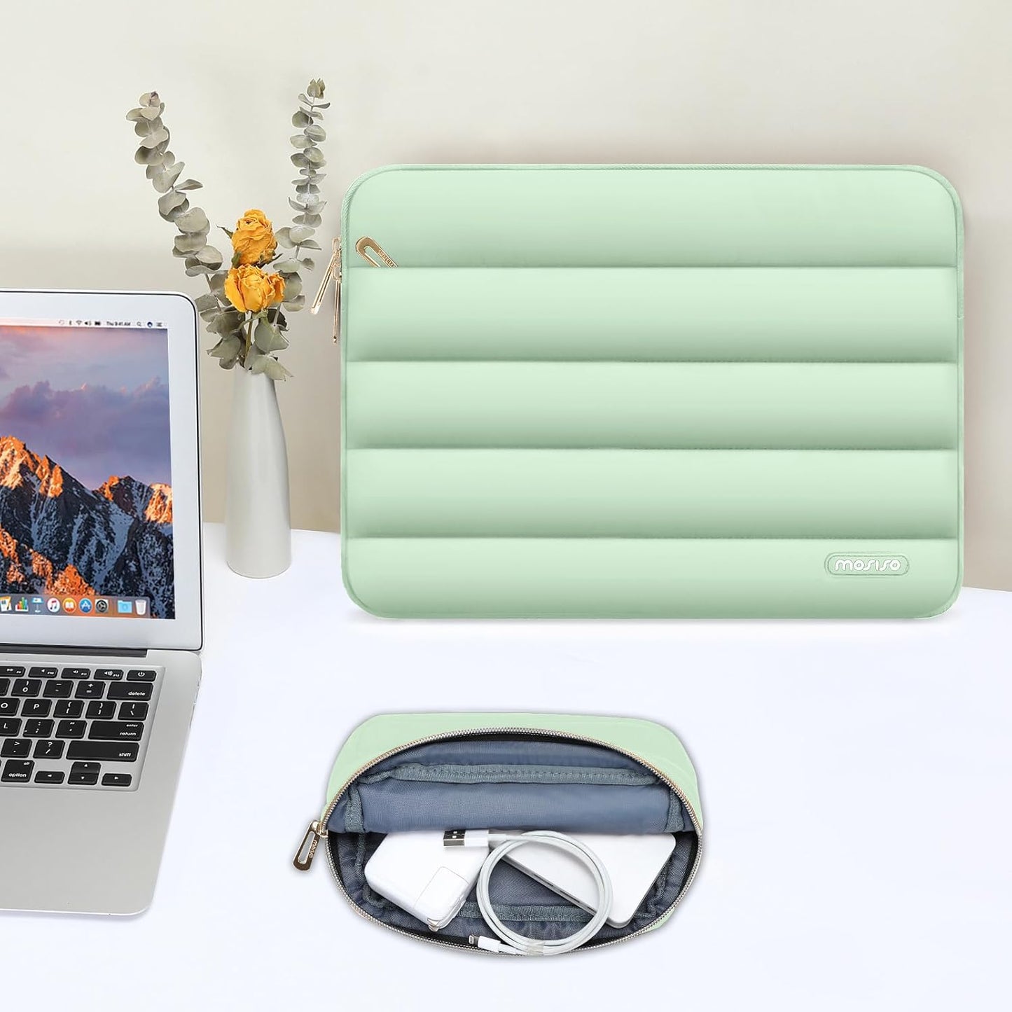 MOSISO Laptop Case 13.3 inch,13-13.3 inch Puffy Laptop Sleeve Compatible with MacBook Neo/Air 13.6 M5 M4 M3 M2 M1/Pro 13/14,HP Dell ASUS Lenovo,Polyester Horizontal Bag with Small Case, Sand