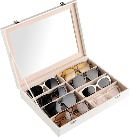 Frebeauty Sunglass Organizer,PU Leather Glasses Organizer,8-Slot Sunglasses Tray,Men's/Women's Sunglasses Box,Sunglass Case,13.3 x 9.6 x 1.5 Inches,Eyeglass/Eyewear Display Tray(Grey)