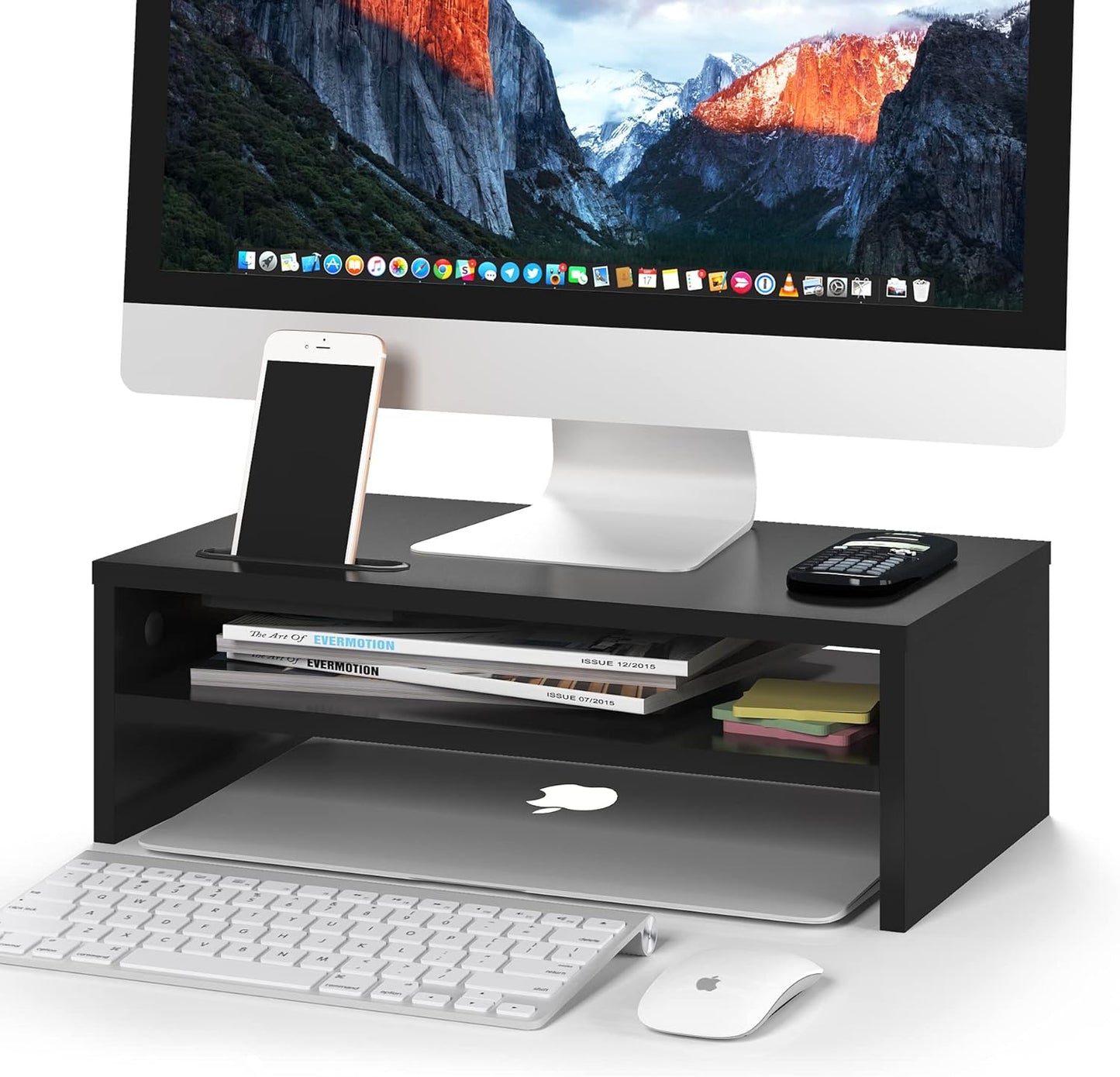 BONTEC Wooden Monitor Stand Riser for Desk, 2-Tier Computer Monitor Stand with Storage, 66 lbs Desk Shelf Organizer, Laptop & Printer Stand with Phone Holder and Cable Management, White, 16.5 Inch