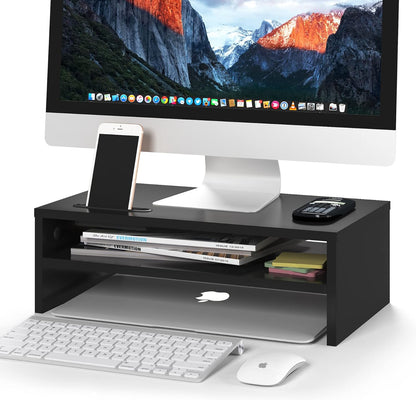BONTEC Wooden Monitor Stand Riser for Desk, 2-Tier Computer Monitor Stand with Storage, 66 lbs Desk Shelf Organizer, Laptop & Printer Stand with Phone Holder and Cable Management, White, 16.5 Inch