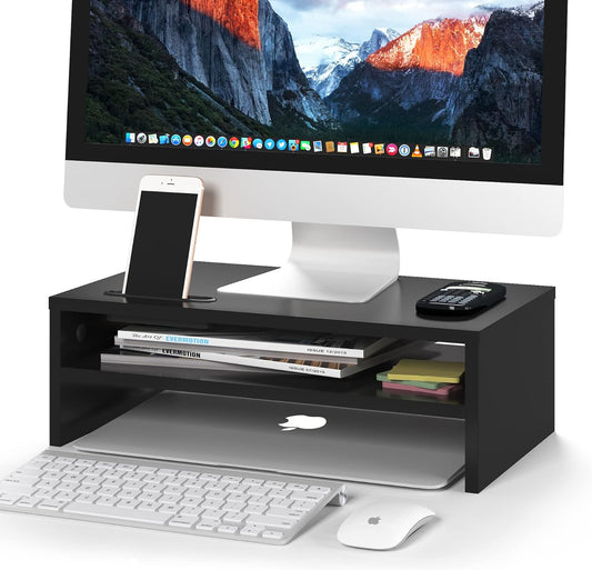 BONTEC Wooden Monitor Stand Riser for Desk, 2-Tier Computer Monitor Stand with Storage, 66 lbs Desk Shelf Organizer, Laptop & Printer Stand with Phone Holder and Cable Management, White, 16.5 Inch