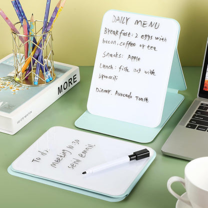 Dunzoom 2 Sets 4 Pcs Small Glass Desktop Whiteboard with Reversable Stand 8x6 Inch Mini Dry Erase White Board Easel with 2 Markers Reusable Desk Notepad for Home Office School Supplies (Pink,Green)