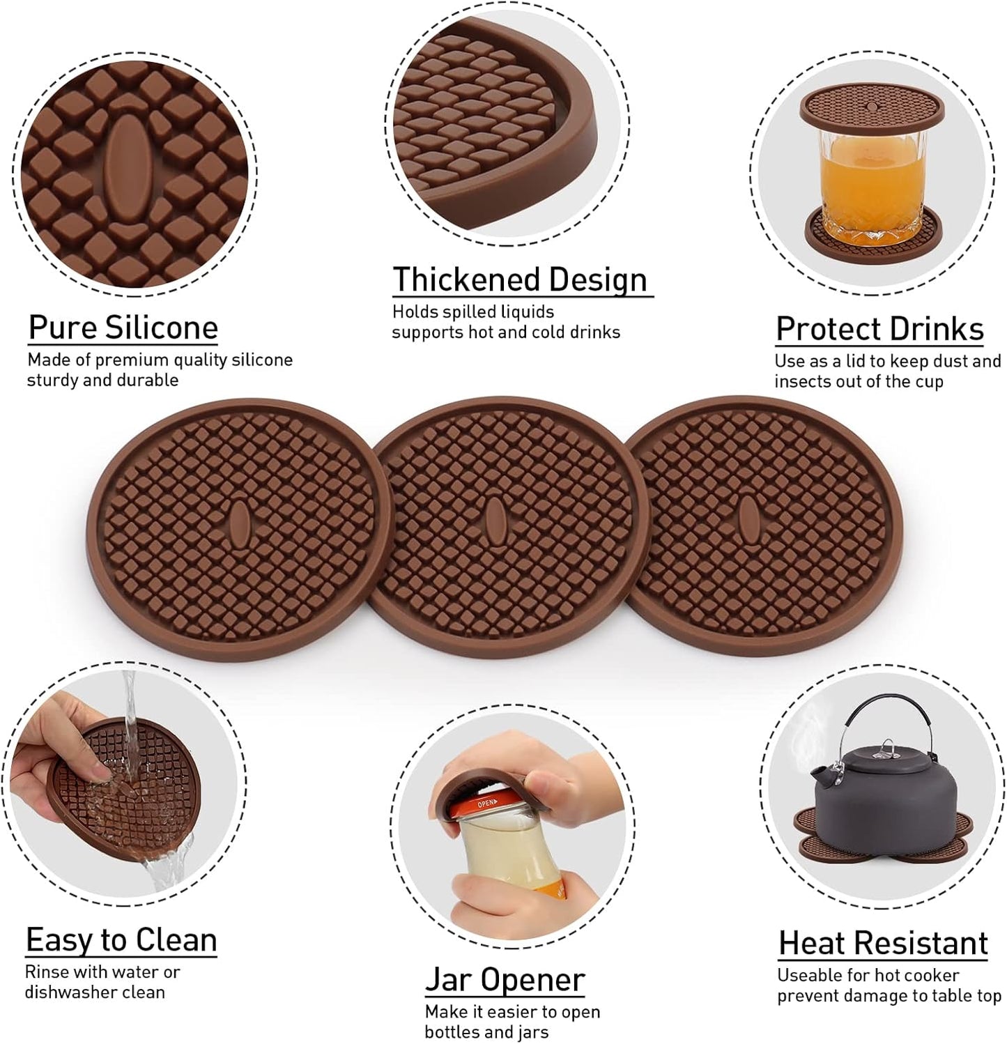 2 Pack Silicone Coasters for Drinks, Round Black Coaster with Deep Tray Grooved Design Cup Mat, Washable Heat Resistant Durable Non-Slip Coasters for Coffee Table Wooden Desk Kitchen Bar
