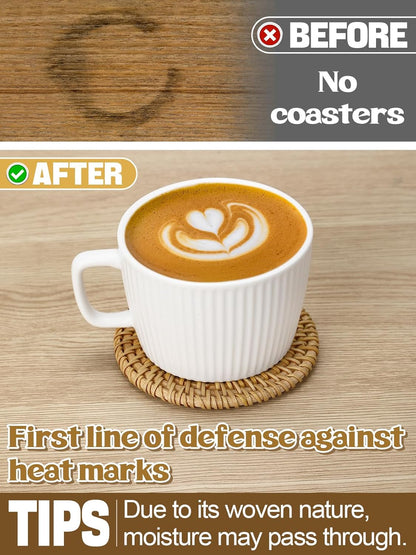 6pcs Natural Handmade Rattan Coasters with Holder - Wicker Drink Coasters Set, Housewarming Gifts Boho Summer Home Coastal Decor