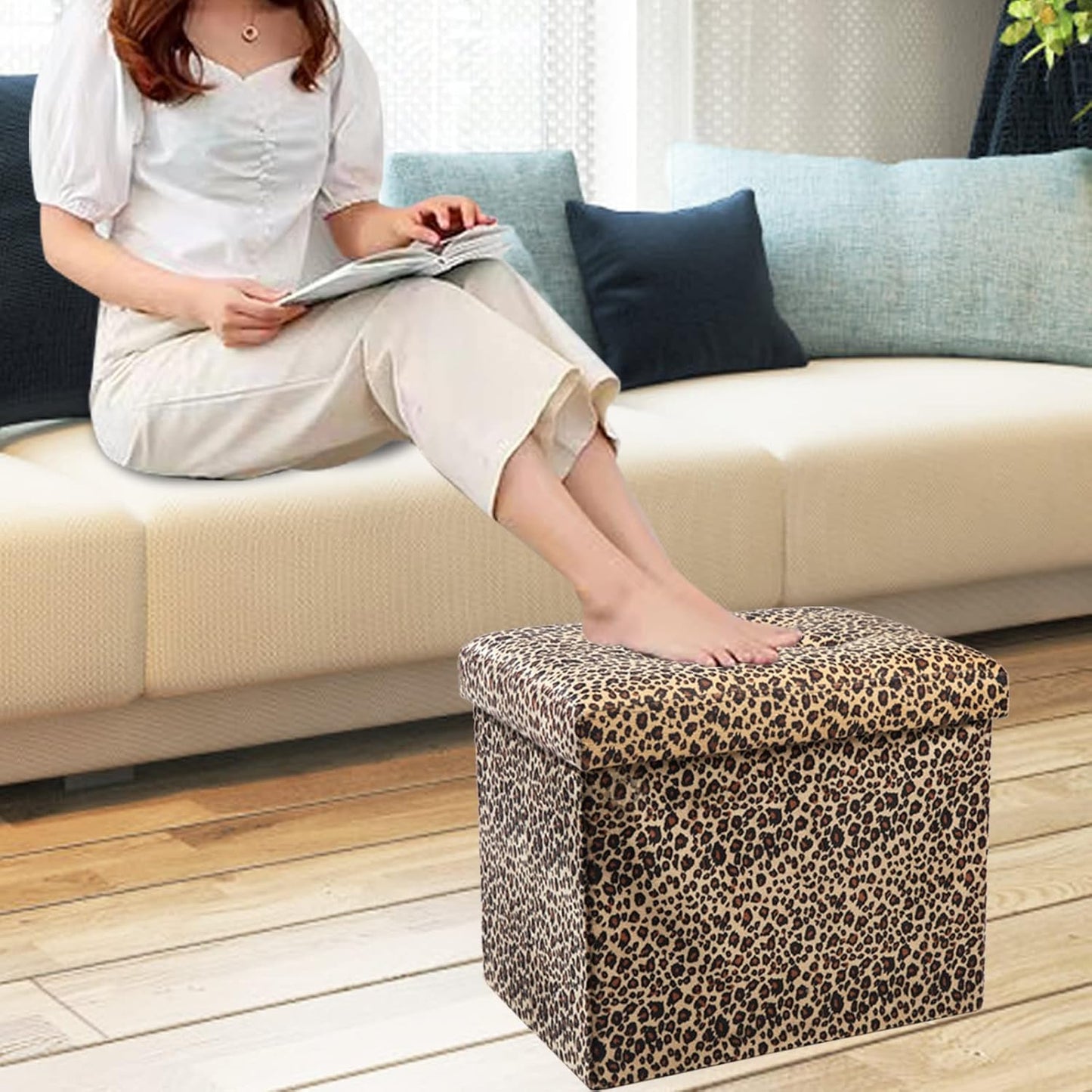 ALASDO Storage Ottoman Footrest Stool Small Ottoman with Storage Foldable Ottomans Foot Rest Footstool Bench for Living Room 17x13x13inches Grey