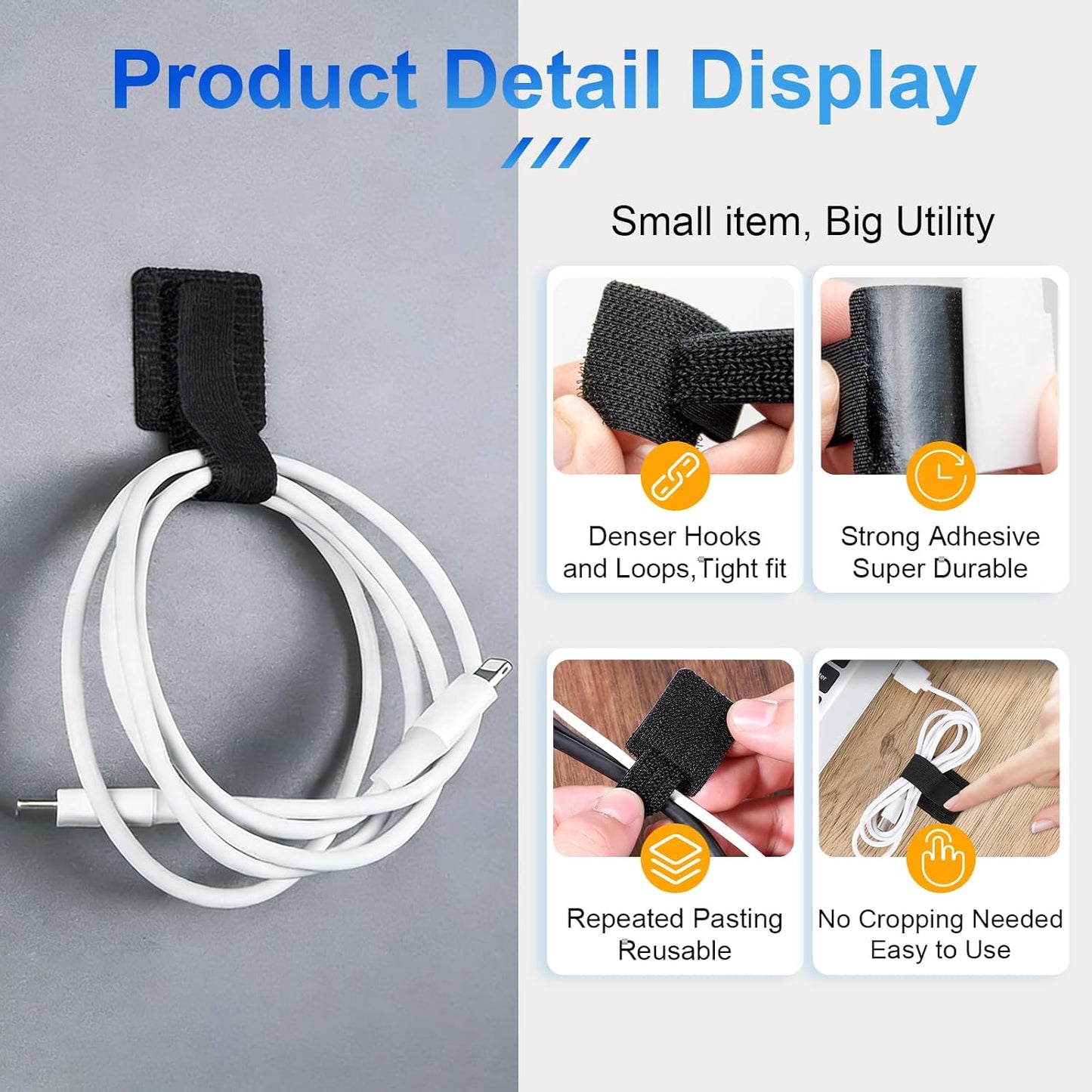 80Pcs Hook and Loop Cable Ties Under Desk Cable Management Adhesive Strips for Cord Hider Wire Organizer Computer Accessories for Desk Home Office Organization Essentials - 40 Black + 40 White